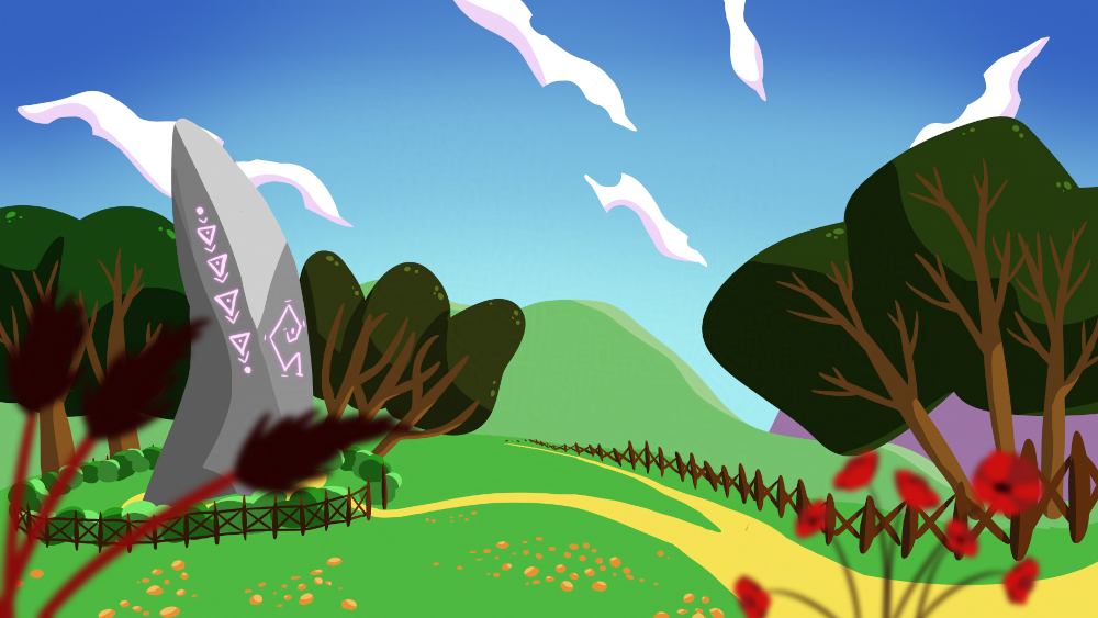 Semi-pastoral landscape with a tall rock with glowing lilac sigils on