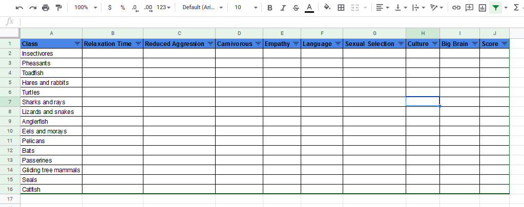 Screenshot of empty spreadsheet with the above list across the top and each of my Orders down the left hand side.