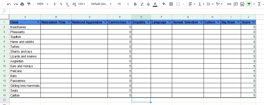 Screenshot of spreadsheet showing one column filled in.
