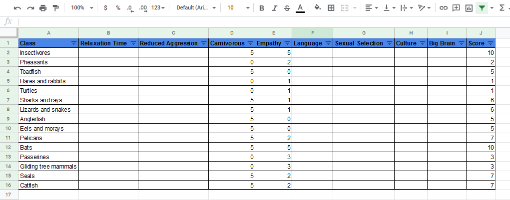 Screenshot of spreadsheet showing two columns filled in.