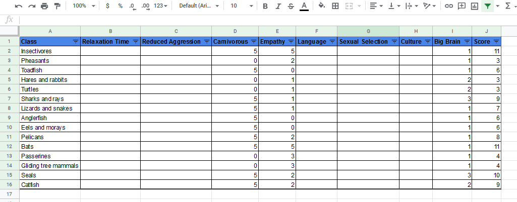 Screenshot of spreadsheet showing three columns filled in.
