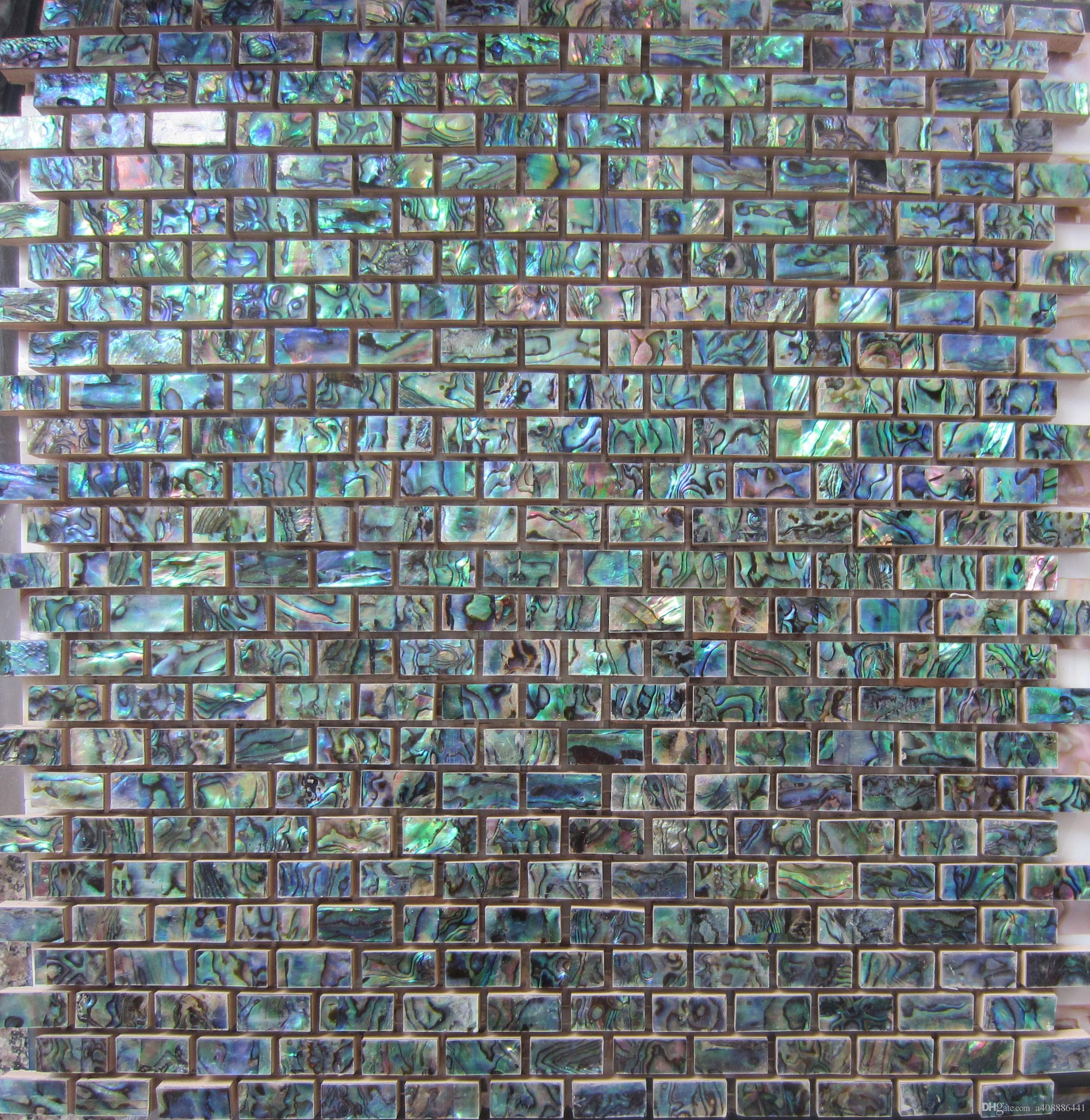 Picture of a wall of tiles made of abalone shells.