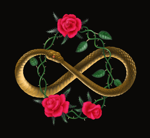 Ouroboros encircled by roses.