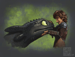 Fanart of Hiccup and Toothless from How To Train Your Dragon.
