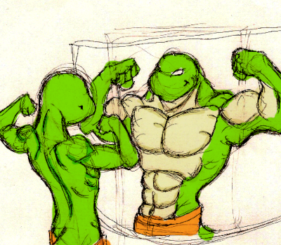 Lizard flexing in the mirror, seeing a bigger reflection than himself.